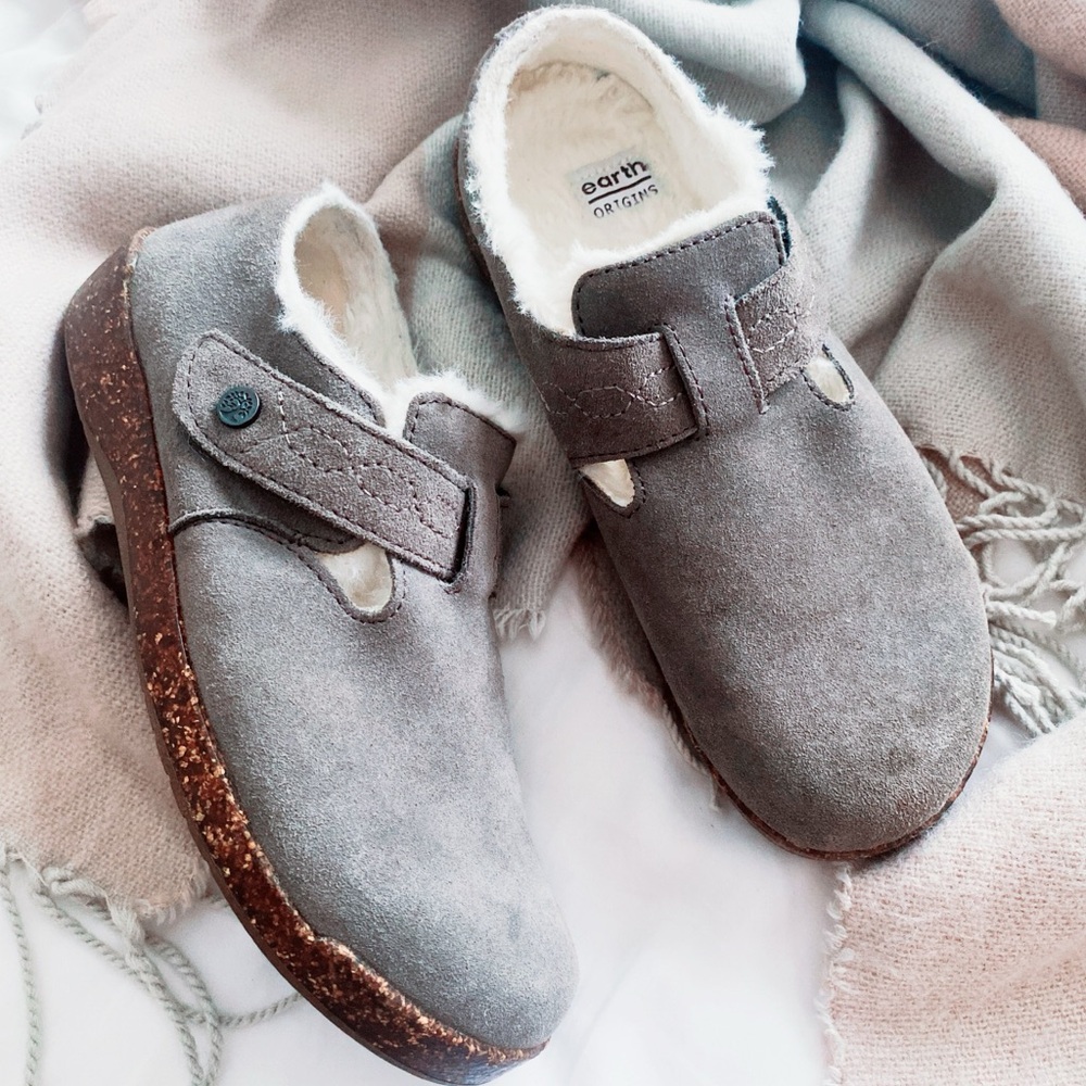 Earth Origins Aurora Jade Faux Fur Lined Suede Slip On Clogs - Picture 2 of 13